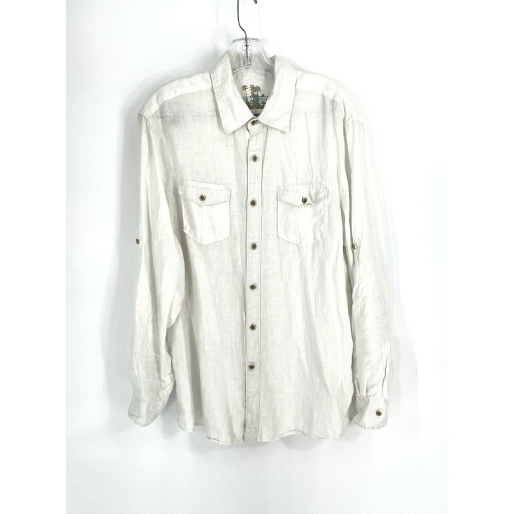 Islander Mens Large Shirt Button Up‎ 100% Linen White Roll Tab Sleeve Beachy